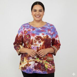 French Postcards size 2X Artsy Colorful Graphic Sequins Stretch 3/4 Sleeve Top